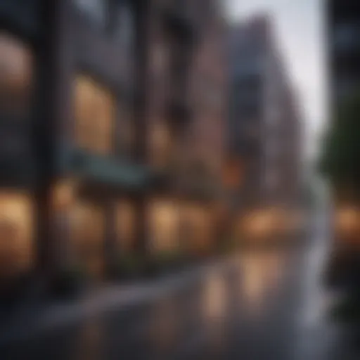 A bustling cityscape showcasing diverse apartment buildings.