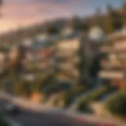 Panoramic view of a vibrant Los Angeles neighborhood showcasing diverse architecture and lush greenery