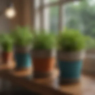 Freshly grown indoor herbs in decorative pots