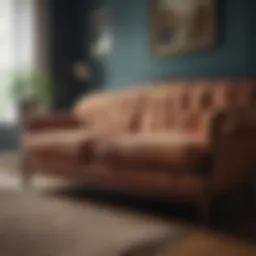 A beautifully restored vintage couch showcasing a vibrant upholstery fabric