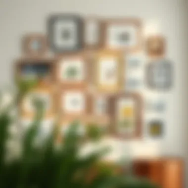 Artistic arrangement of various picture frames on a wall showcasing different styles.