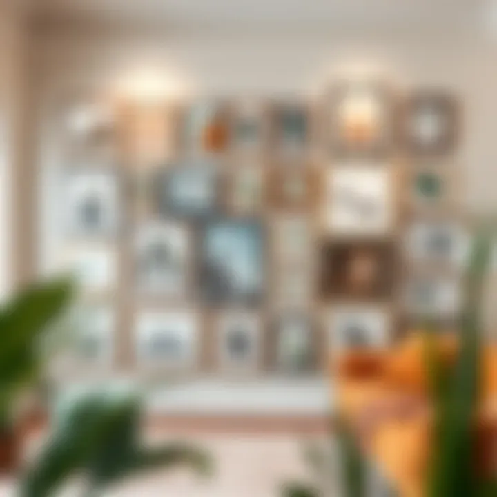 A well-balanced gallery wall displaying an array of framed artworks in an aesthetically pleasing layout.