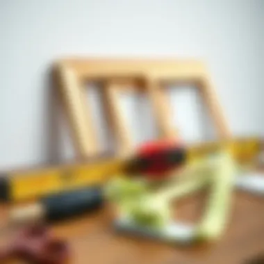 Tools and materials laid out for hanging picture frames, including a level and measuring tape.