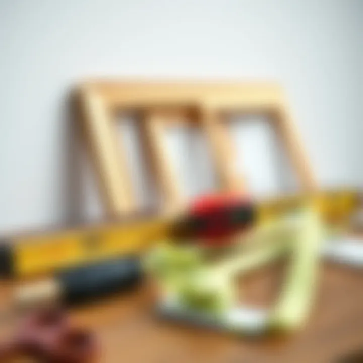 Tools and materials laid out for hanging picture frames, including a level and measuring tape.