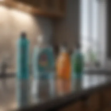 Essential cleaning products arranged on a countertop