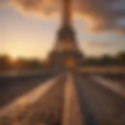 A breathtaking view of the Eiffel Tower at sunset, bathed in golden light