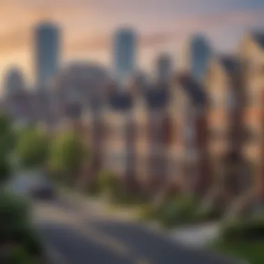 A scenic view of Boston skyline with townhouses in the foreground