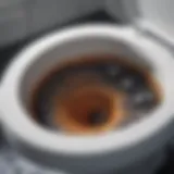 A close-up view of a toilet bowl showing a visible clog.