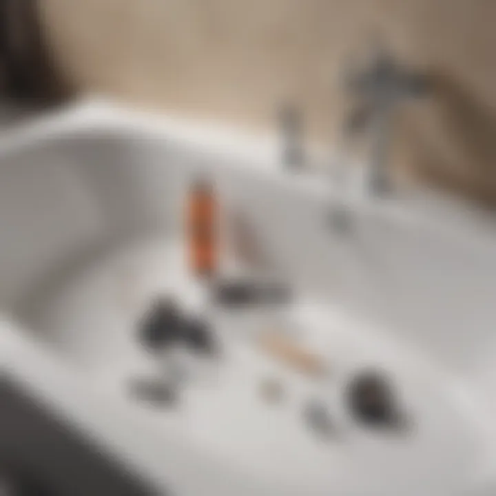 Various tools laid out for unclogging a bathtub drain