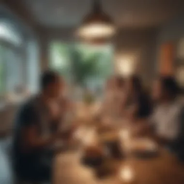 A diverse group of individuals enjoying a communal meal in a shared living space