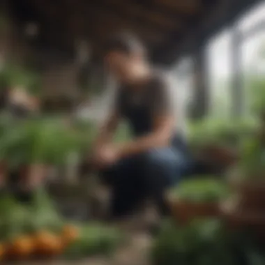 A gardener tending to pots of vegetables, illustrating care and maintenance.