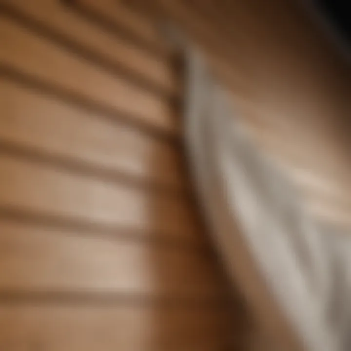 A close-up of a damp cloth being used to clean wooden blinds