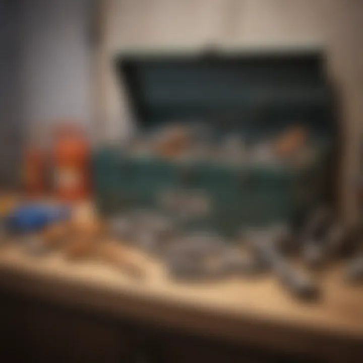 A well-organized toolbox containing plumbing tools including a toilet snake